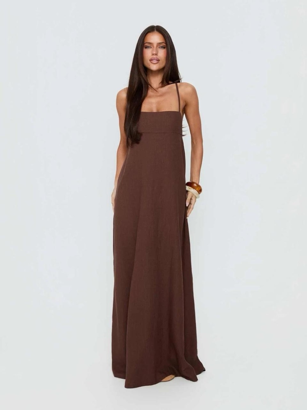Princess Polly Brown Maxi Slip Dress with Spaghetti Straps